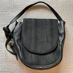 Vintage Aspects Black Leather Embroidered Lines Crossbody Shoulder Bag Purse